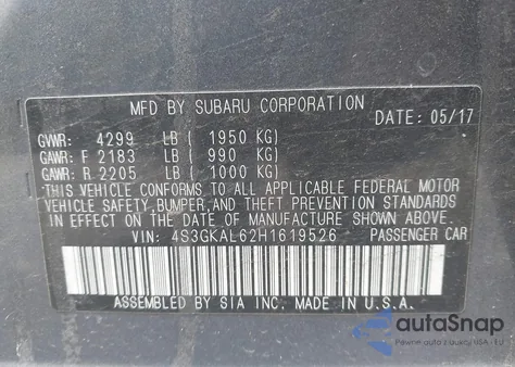 2017 Subaru Impreza 2.0I Sport z USA, uszkodzony, nr VIN 4S3GKAL62H1619526